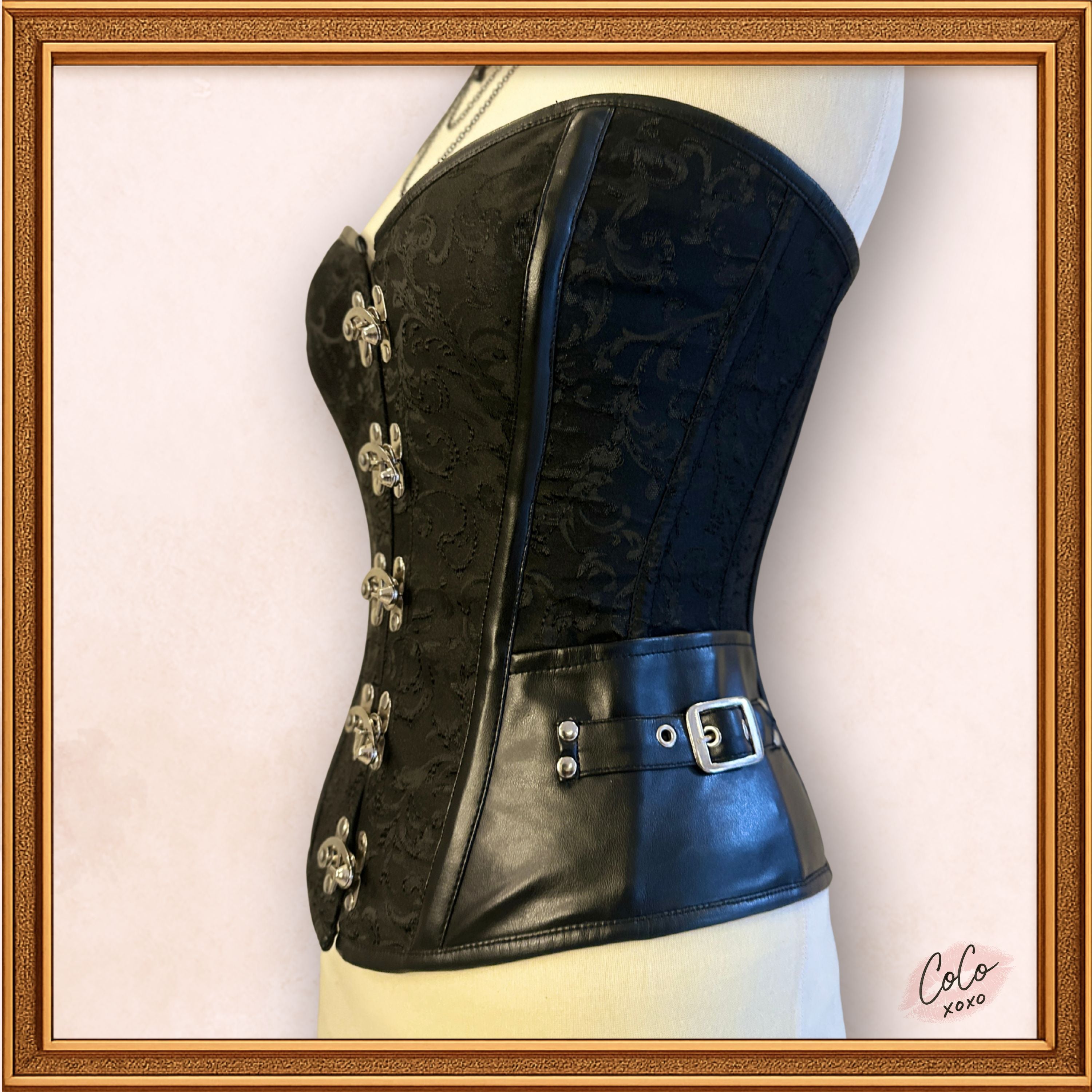 Overbust Black Brocade Leather Waist Cincher Corset