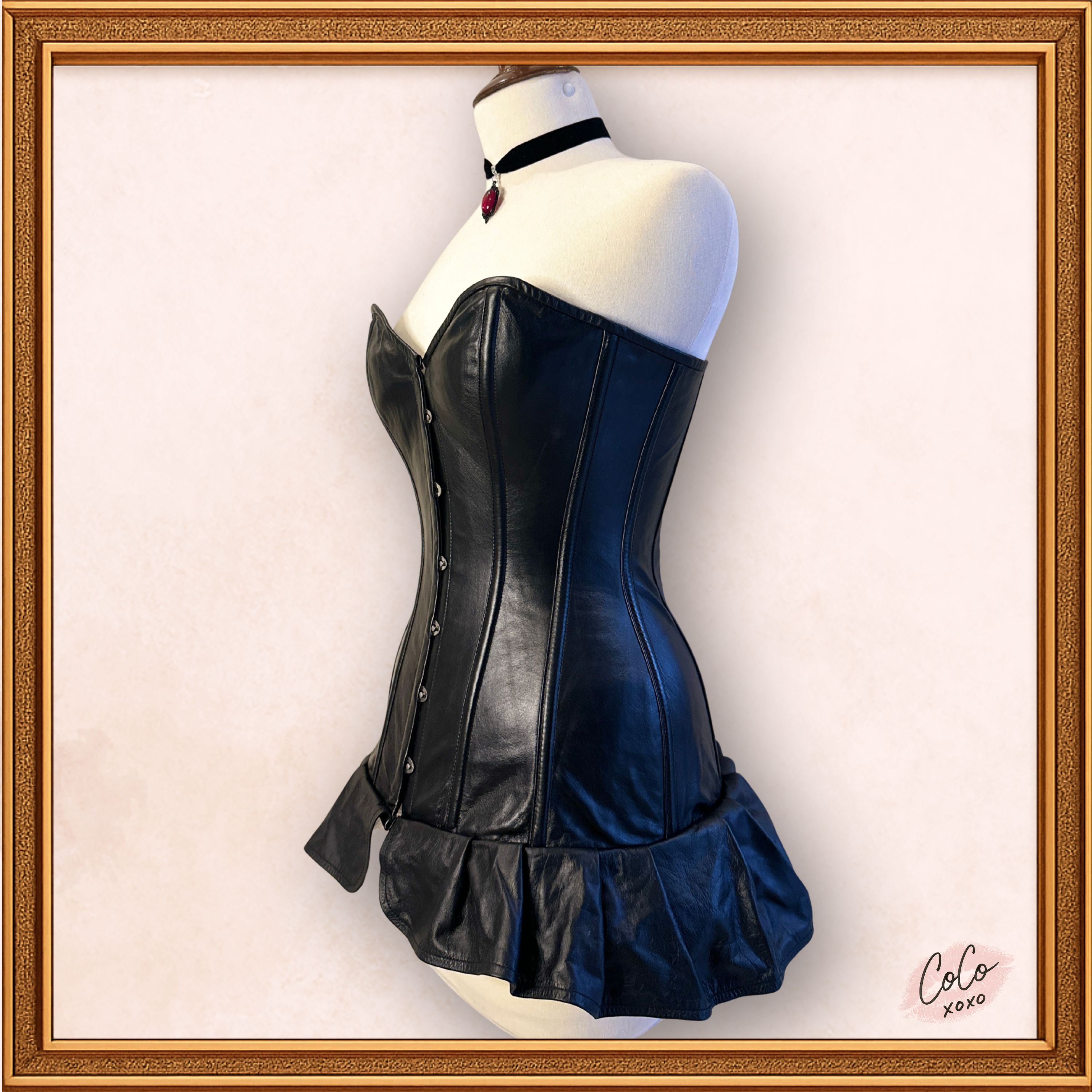 Overbust Black Leather Skirt Style Outwear Corset