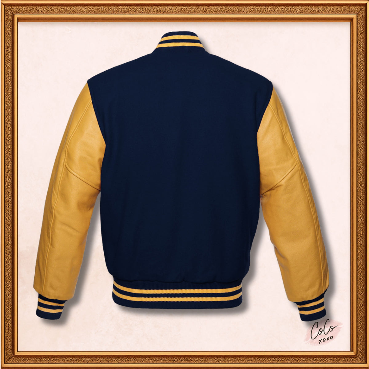 Navy Blue Wool and Genuine Yellow Leather Sleeves Varsity Jacket