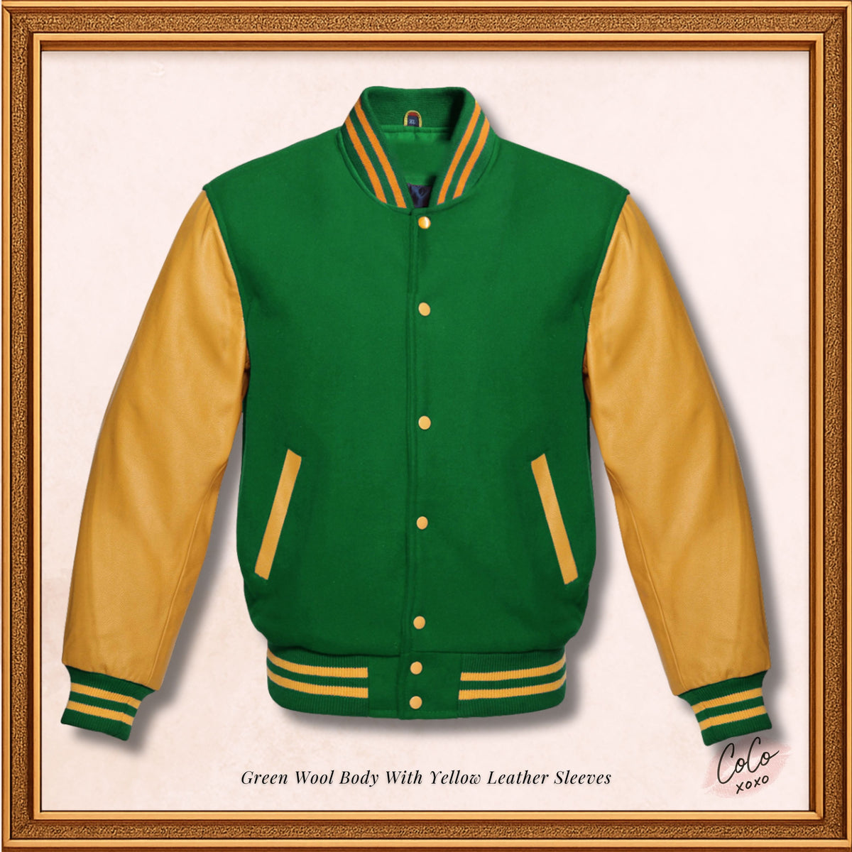 College-Jacke aus grüner Wolle und echten gelben Lederärmeln