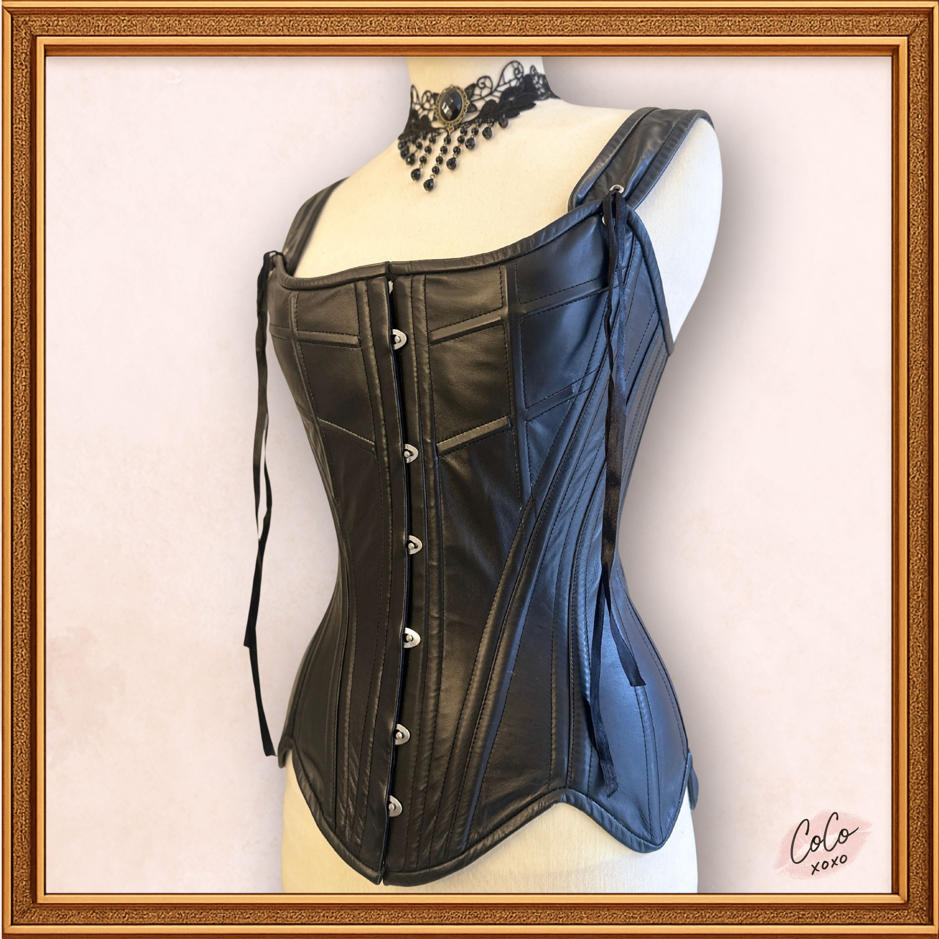 Overbust Black Leather Outwear Corset with Straps