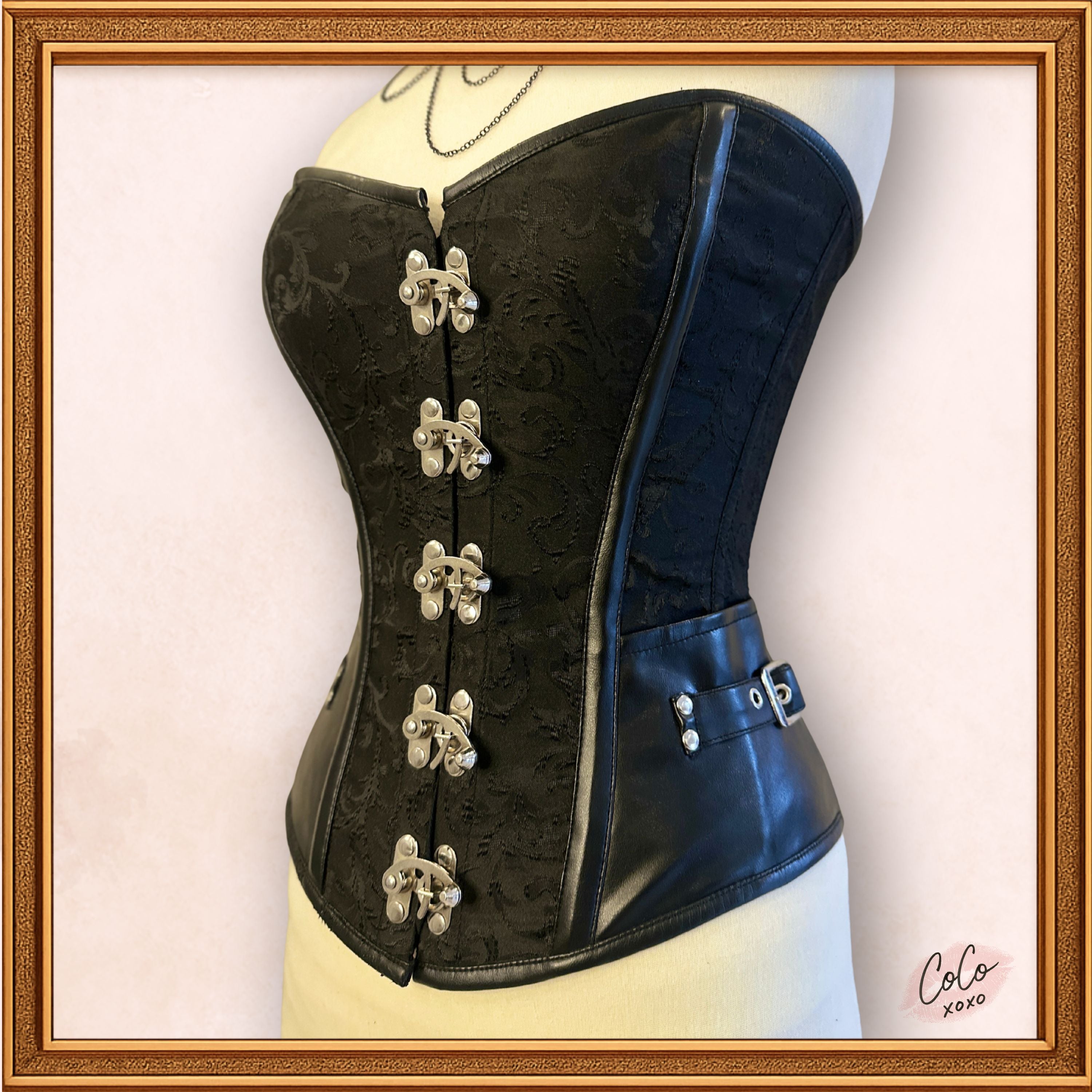 Overbust Black Brocade Leather Waist Cincher Corset