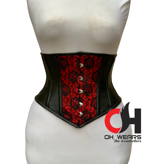 Black Leather and Red Brocade Underbust Corset Double Steel Boned Customizable Leather Bustier Corset