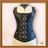 Overbust Black Leather Buckle Outwear Corset with Straps