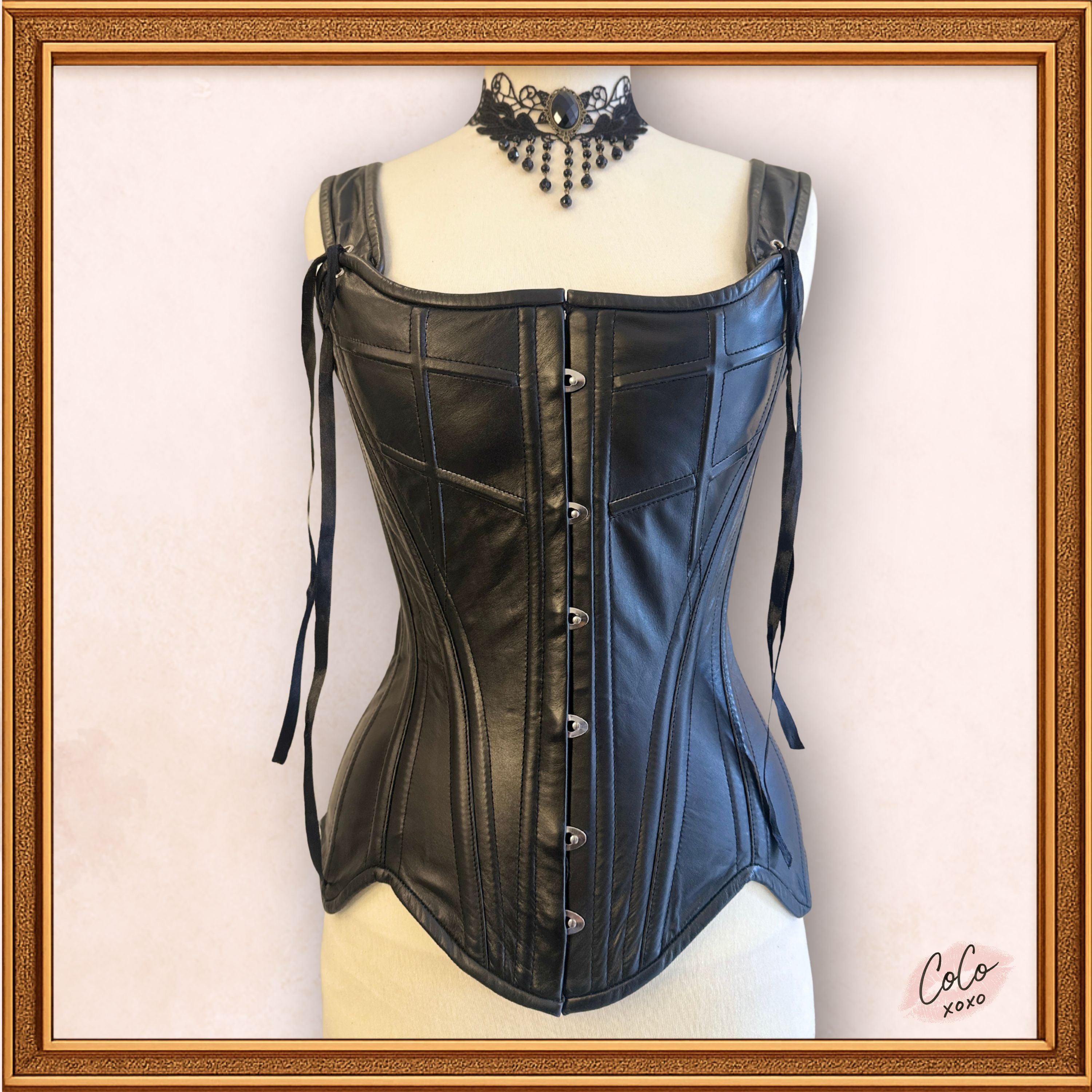 Overbust Black Leather Outwear Corset with Straps