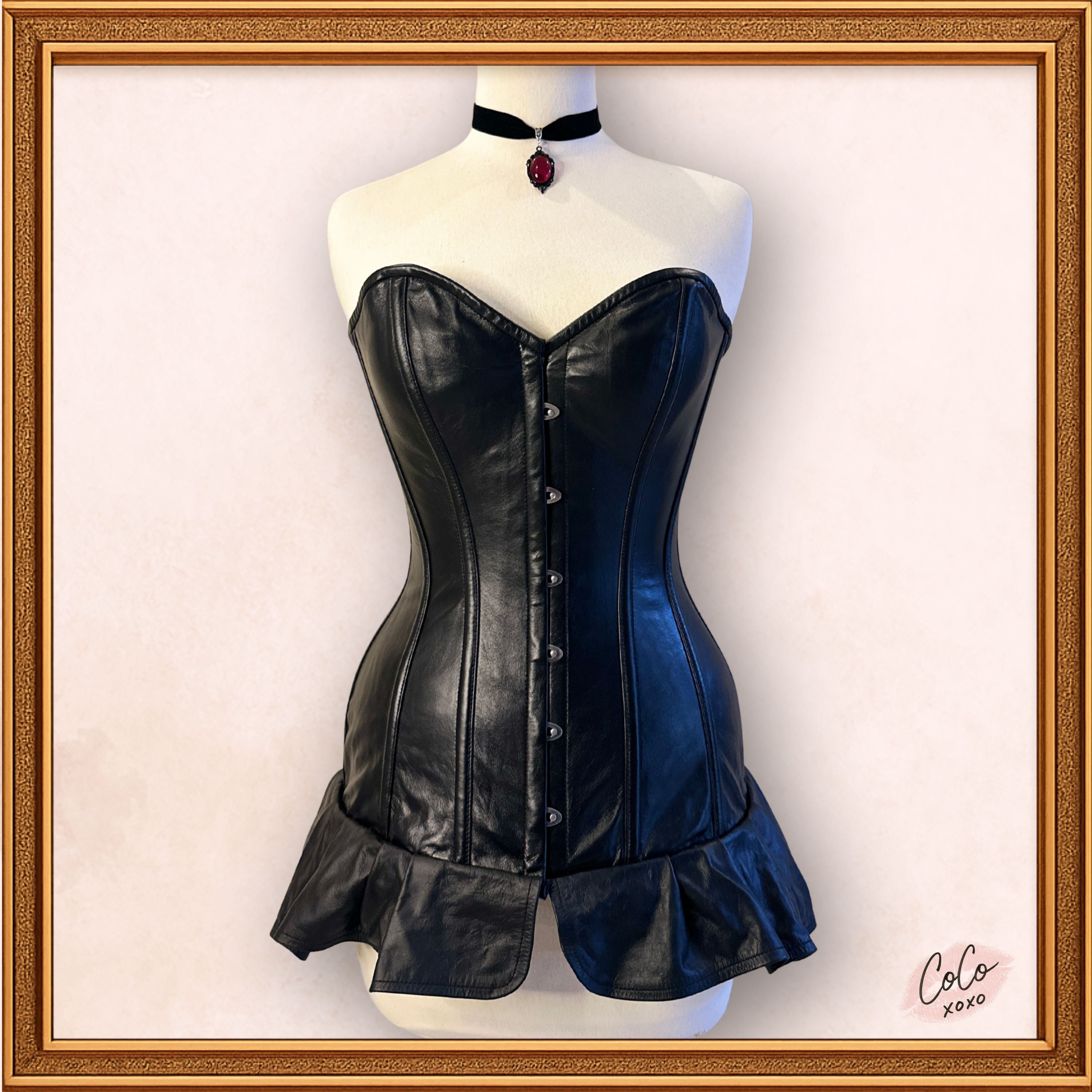 Overbust Black Leather Skirt Style Outwear Corset