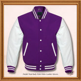 Purple Wool Genuine White Leather Sleeves Varsity Jacket - White Ribs