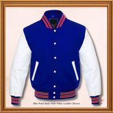 Blue Wool Genuine White Leather Sleeves Varsity Jacket - Red ribs