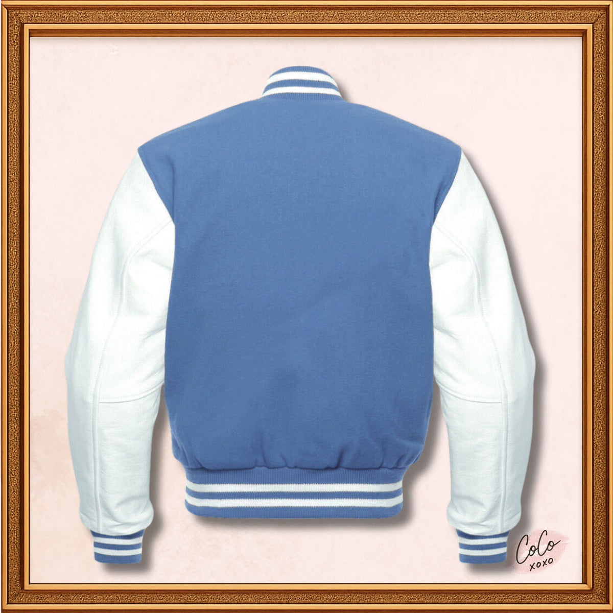 Blaue Uni-Jacke aus Wolle mit echten weißen Lederärmeln