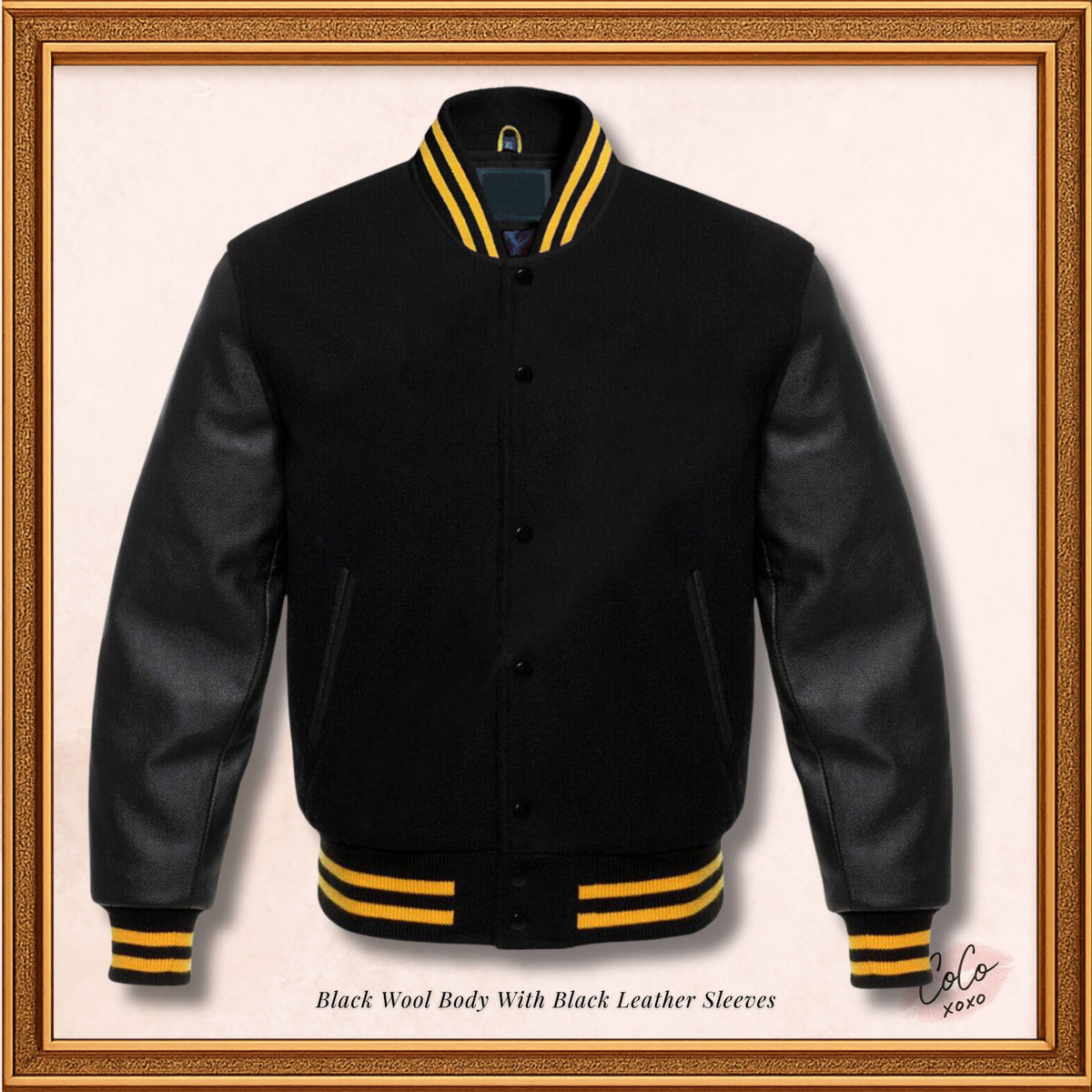 Black Wool and Genuine Black Leather Sleeves Varsity Jacket