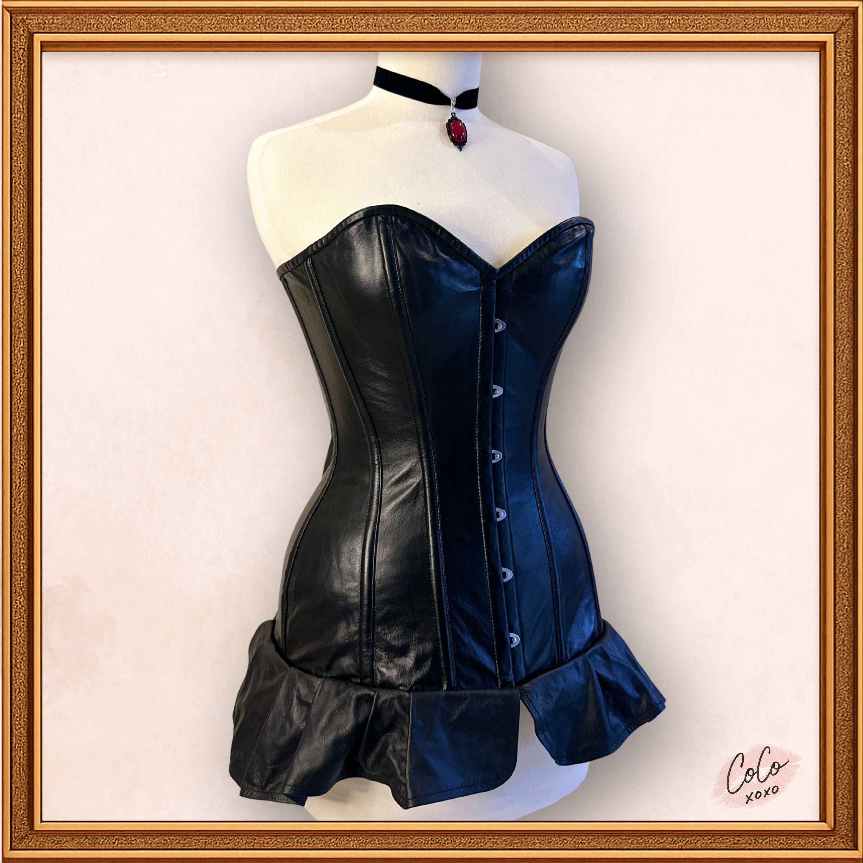 Overbust Black Leather Skirt Style Outwear Corset