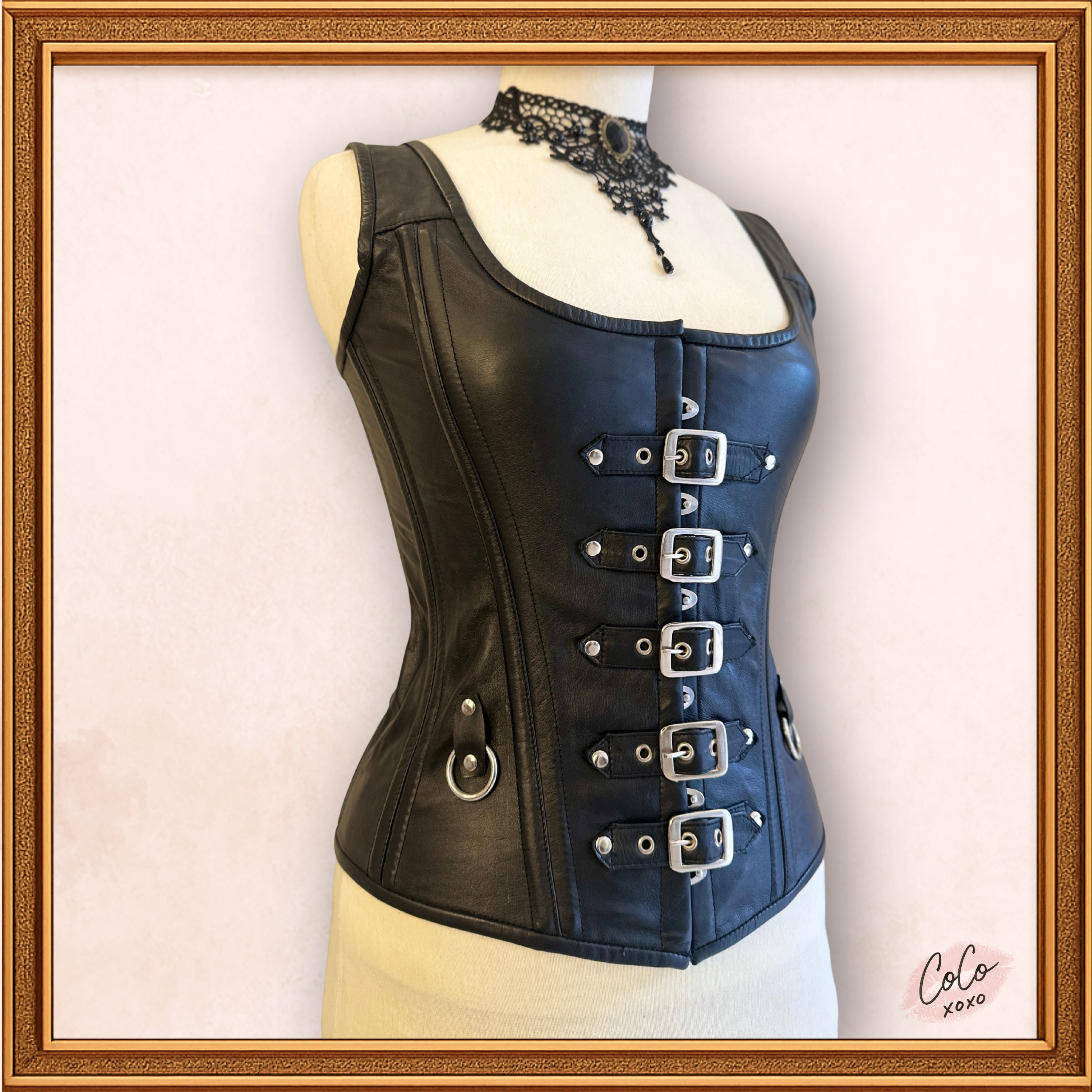 Overbust Black Leather Buckle Outwear Corset with Straps