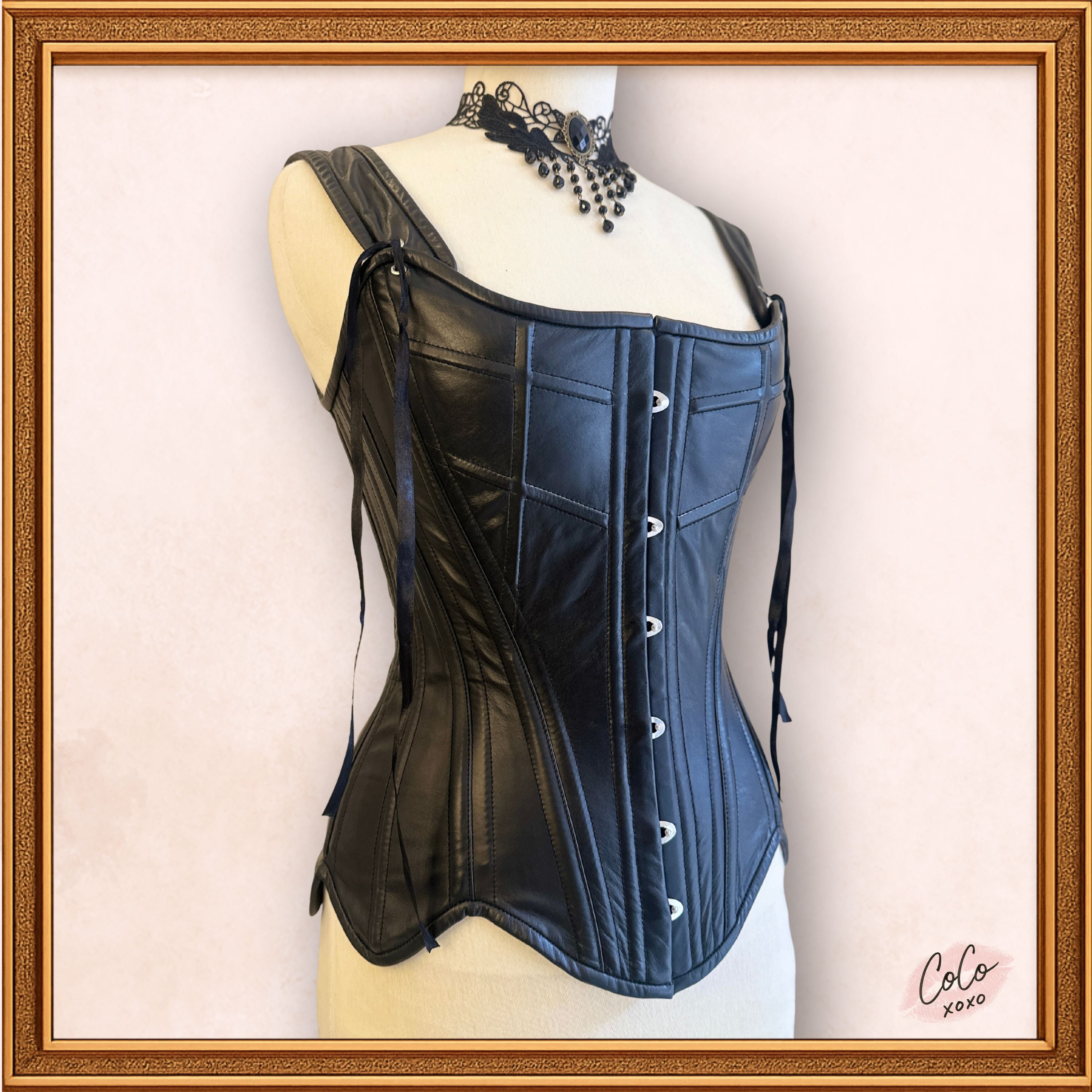 Overbust Black Leather Outwear Corset with Straps