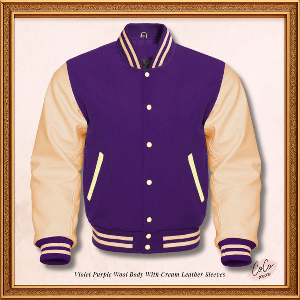 Chaqueta con mangas universitarias de lana morada y cuero crema genuino