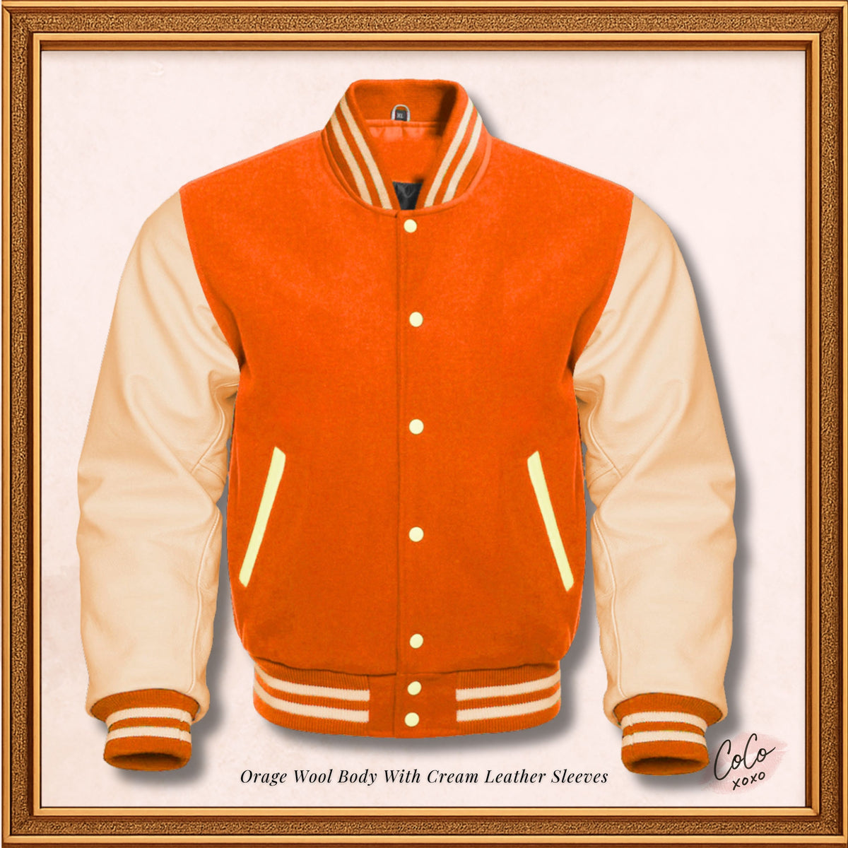 Chaqueta Varsity con mangas de lana naranja y cuero genuino color crema