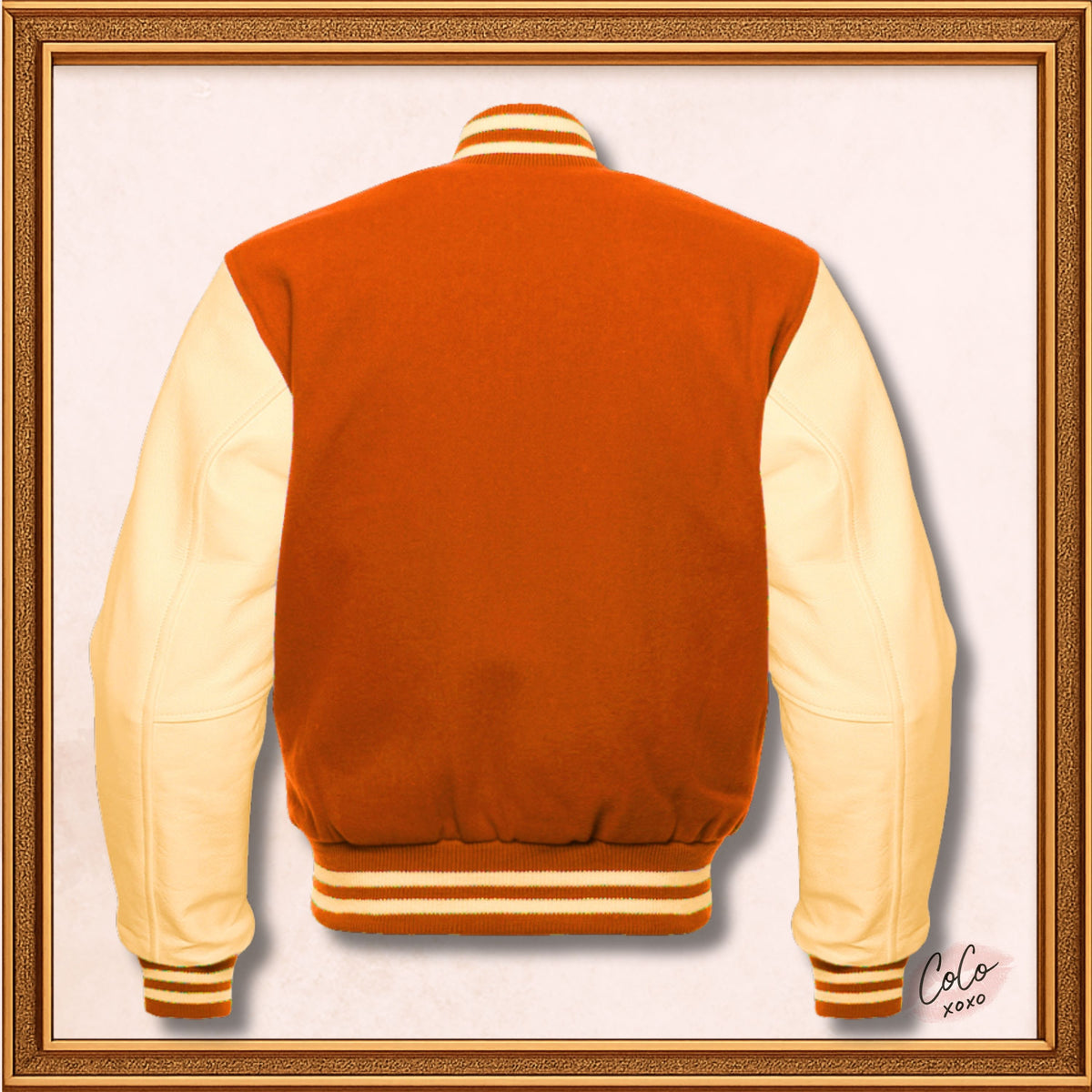 Chaqueta Varsity con mangas de lana naranja y cuero genuino color crema