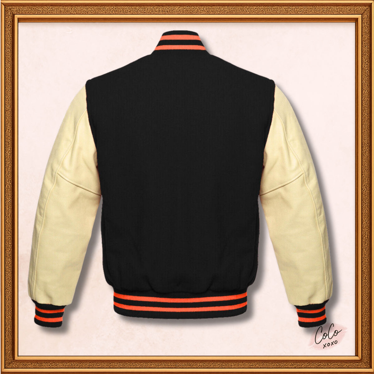 Schwarze College-Jacke aus Wolle und echtem cremefarbenem Leder mit Ärmeln