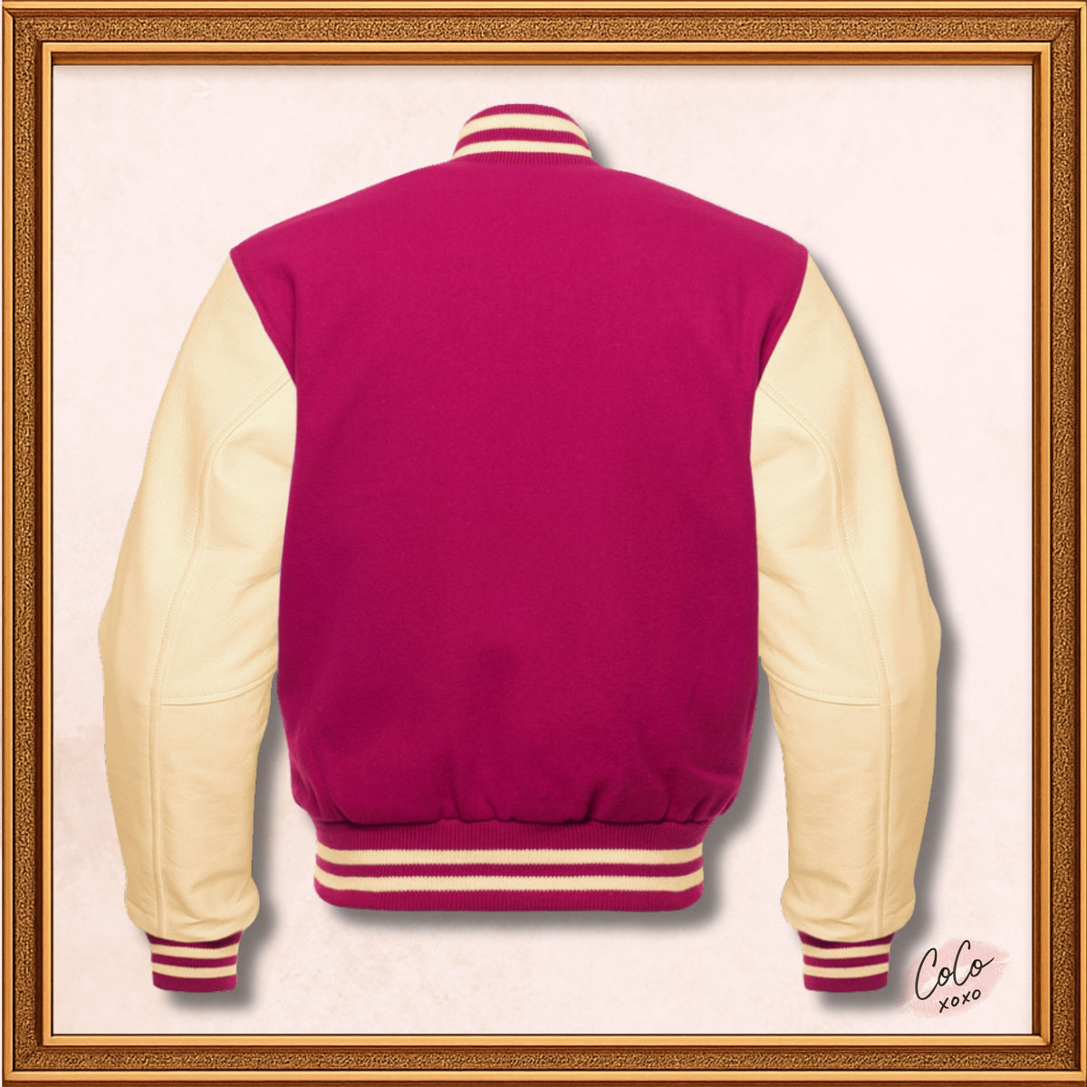 Chaqueta Varsity Mangas De Lana Rosa Y Cuero Genuino Crema