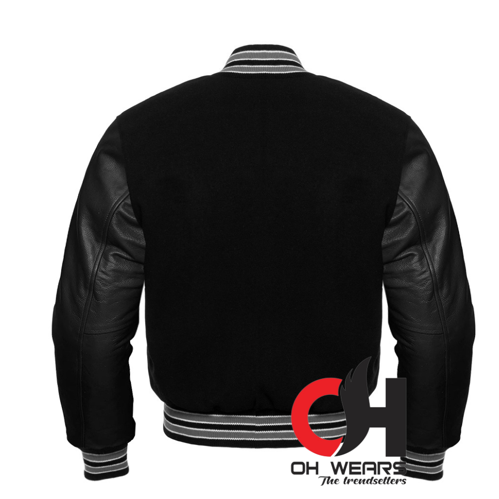 College-Jacke aus schwarzer Wolle und echten schwarzen Lederärmeln