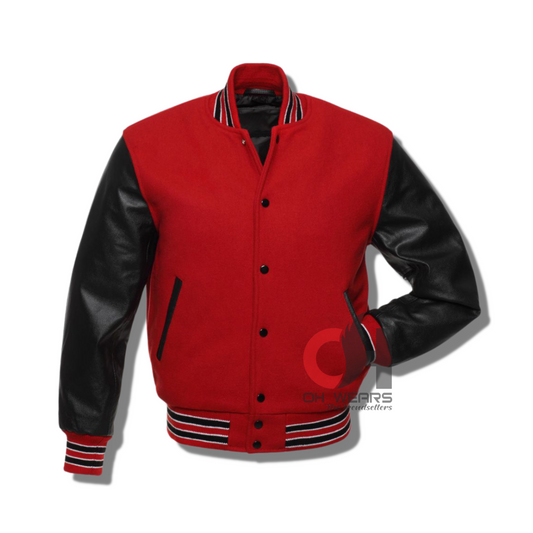 Men’s Red and Black Varsity Jacket, Varsity Jacket with Black Wool and Red Leather Sleeves Children’s Baseball Jacket Women