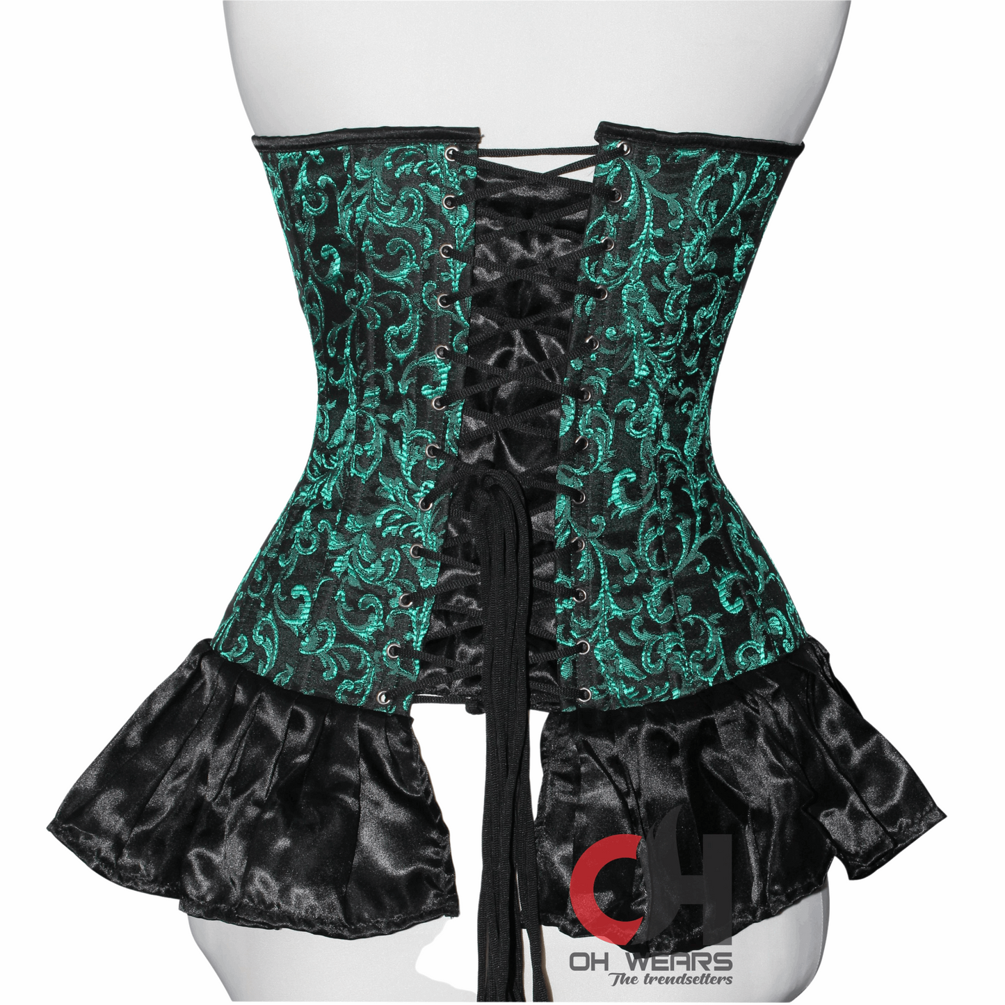 Heavy Duty Steel Boned Over Bust Waist Training Green Brocade Satin Corset