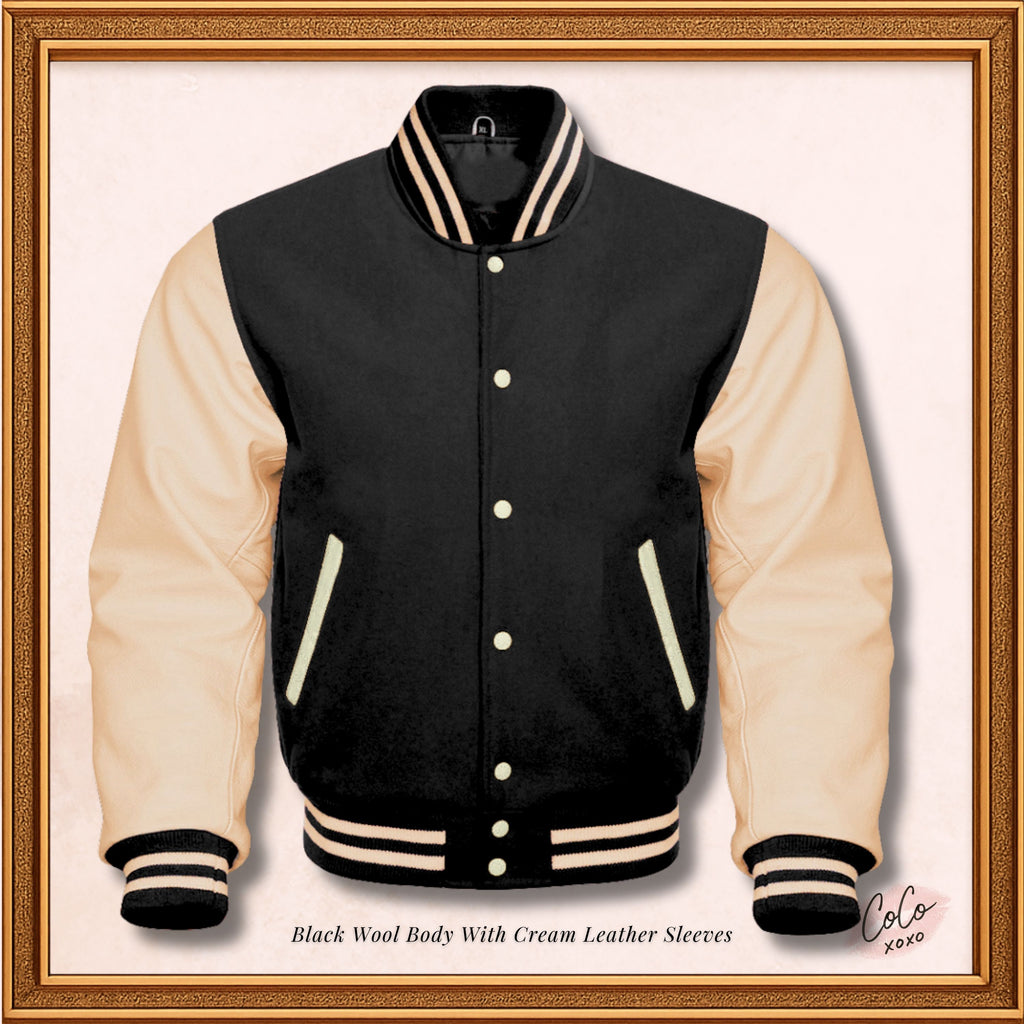 Black Wool and Genuine Cream Leather Sleeves Varsity Jacket
