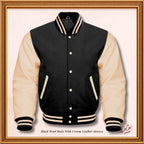 Black Wool and Genuine Cream Leather Sleeves Varsity Jacket