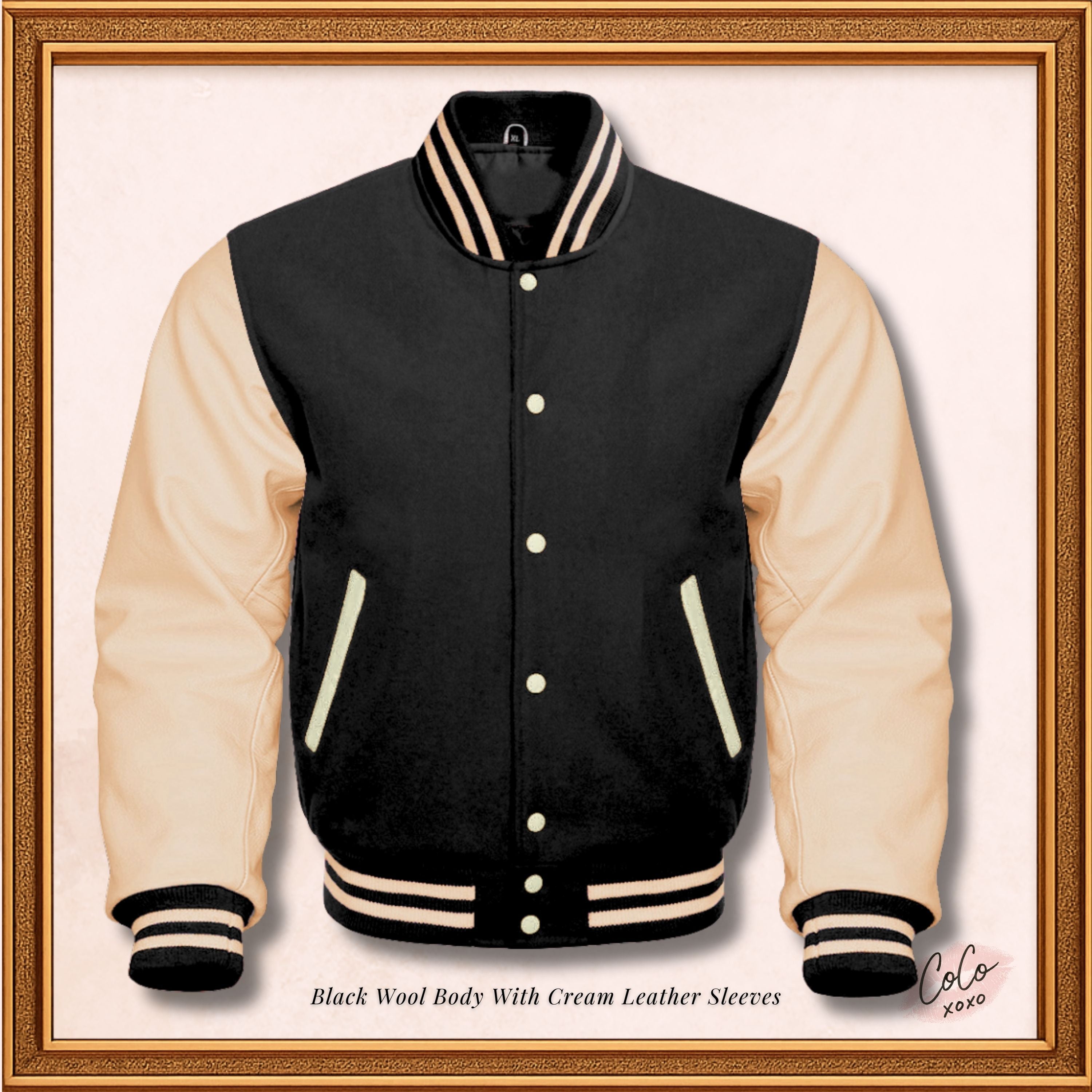 Black Wool and Genuine Cream Leather Sleeves Varsity Jacket