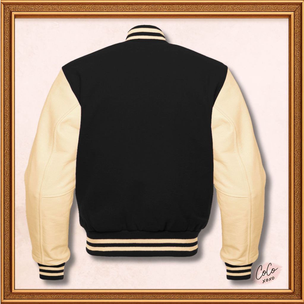Black Wool and Genuine Cream Leather Sleeves Varsity Jacket