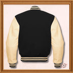 Black Wool and Genuine Cream Leather Sleeves Varsity Jacket
