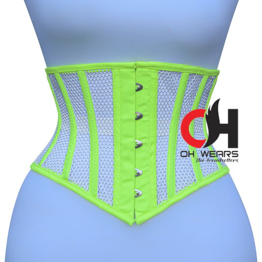 Women's White Mesh with Kiwi Green Cotton Underbust Corset Steampunk Waist Cincher