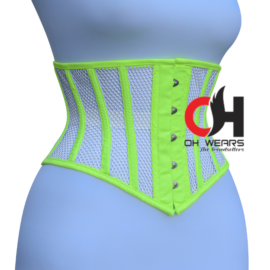 Women's White Mesh with Kiwi Green Cotton Underbust Corset Steampunk Waist Cincher