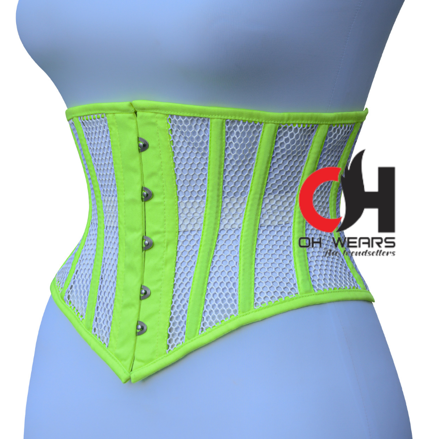 Women's White Mesh with Kiwi Green Cotton Underbust Corset Steampunk Waist Cincher