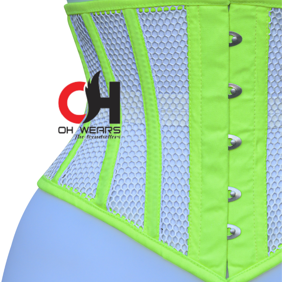 Women's White Mesh with Kiwi Green Cotton Underbust Corset Steampunk Waist Cincher