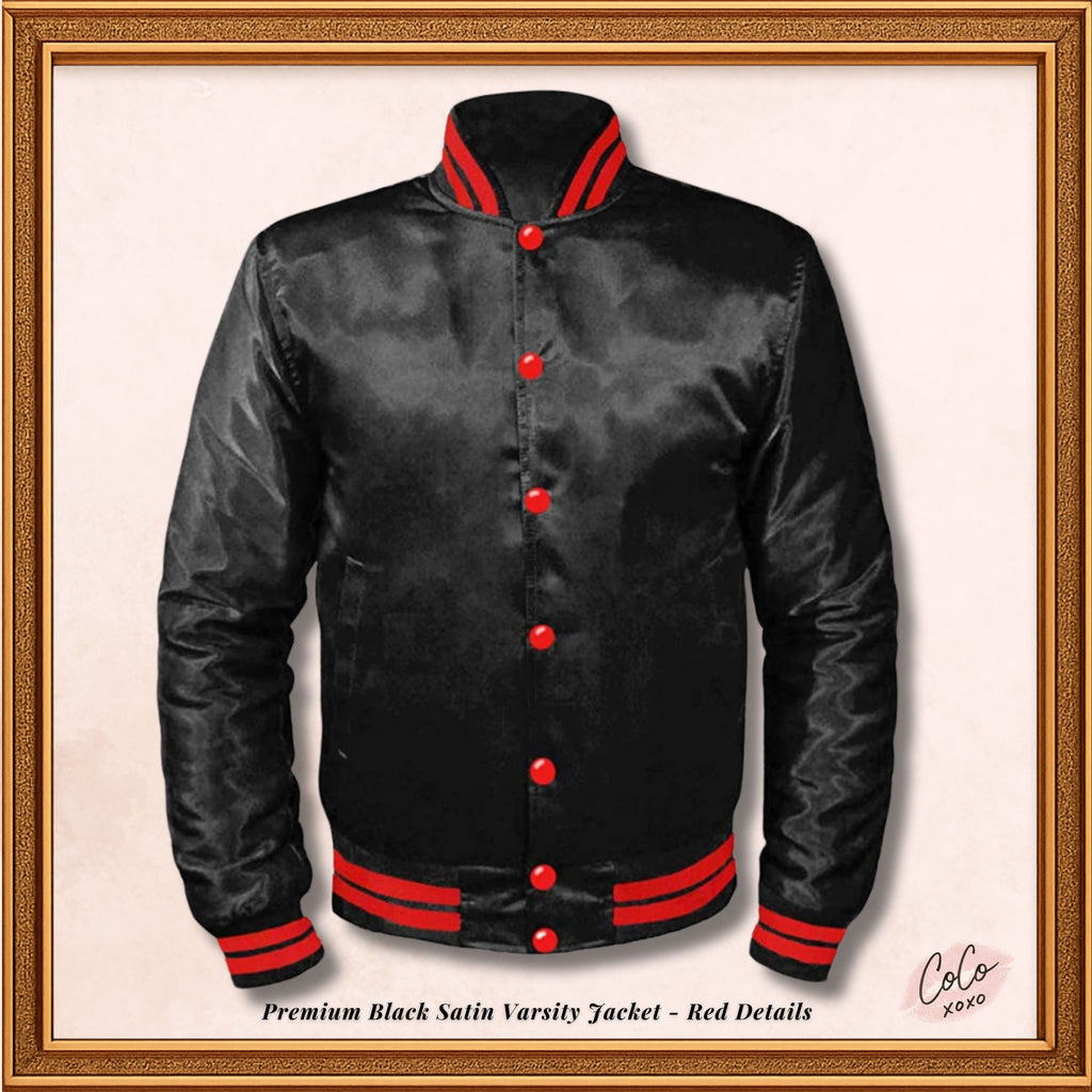 Varsity Black Satin Baseball Letterman Mid-Season Streetwear Varsity Jacket Varsity Men's Women's Kid's Letterman collage jackets