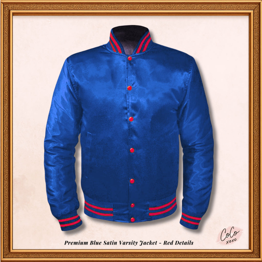 Varsity Blue Satin Baseball Letterman Mid-Season Streetwear Varsity Jacket Varsity Men's Women's Kid's Letterman collage jackets