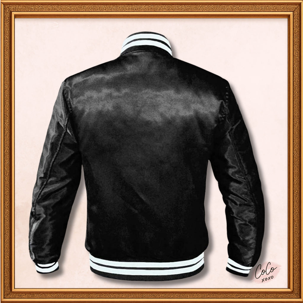 Varsity Black Satin Baseball Letterman Mid-Season Streetwear Varsity Jacket Varsity Men's Women's Kid's Letterman collage jackets