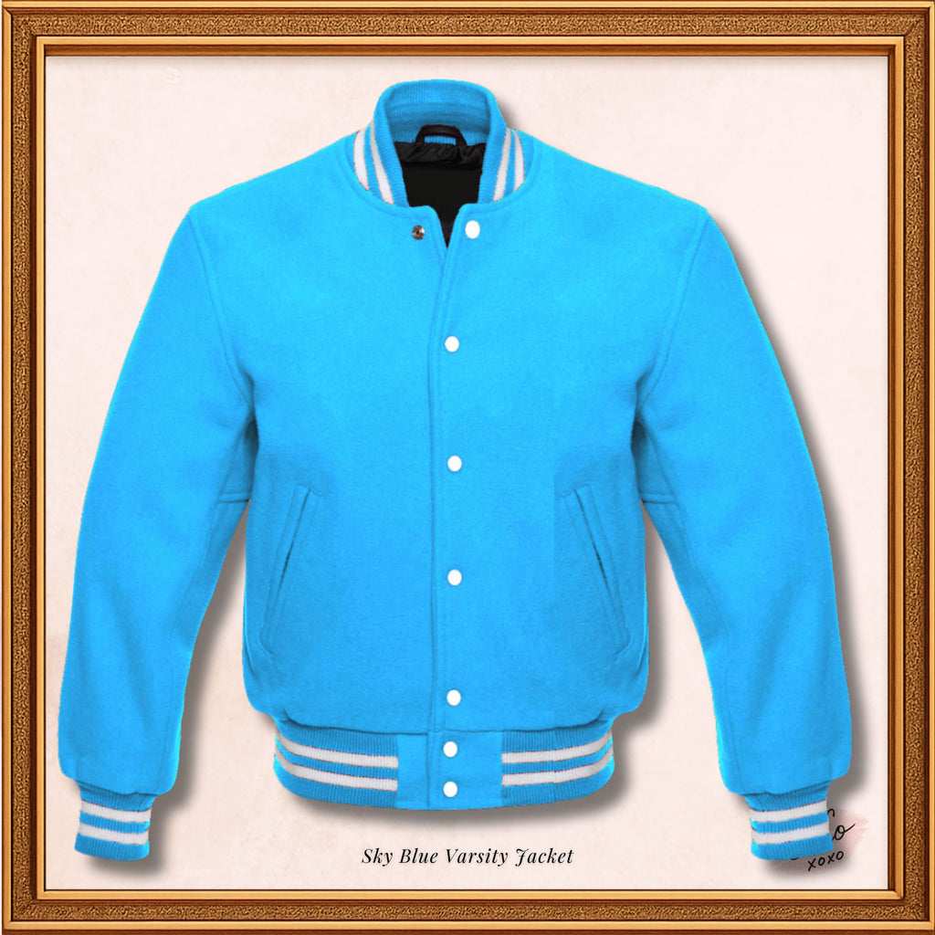 Unisex Light Blue Full Wool Varsity jacket with White Ribs
