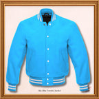 Unisex Light Blue Full Wool Varsity jacket with White Ribs