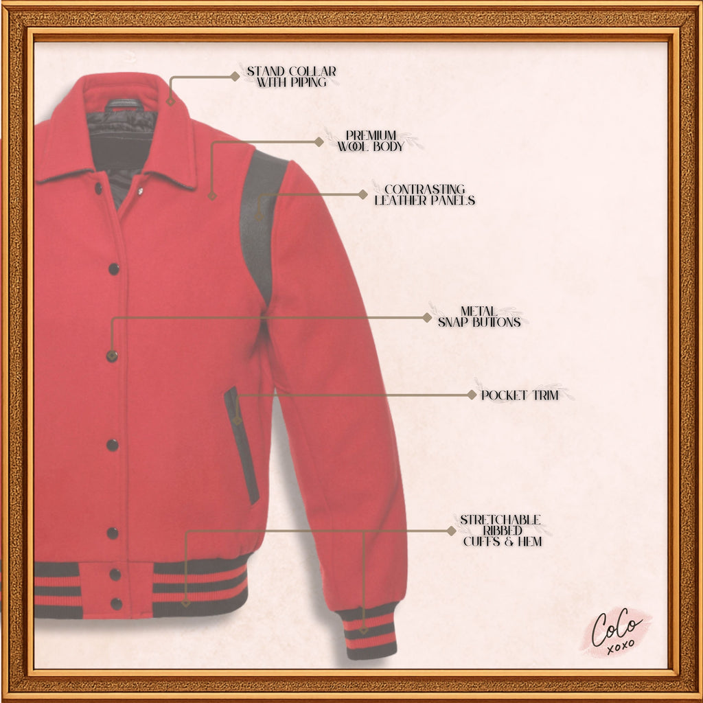 Varsity-Jacke aus roter Wolle mit Byron-Kragen und schwarzen Lederstreifen 