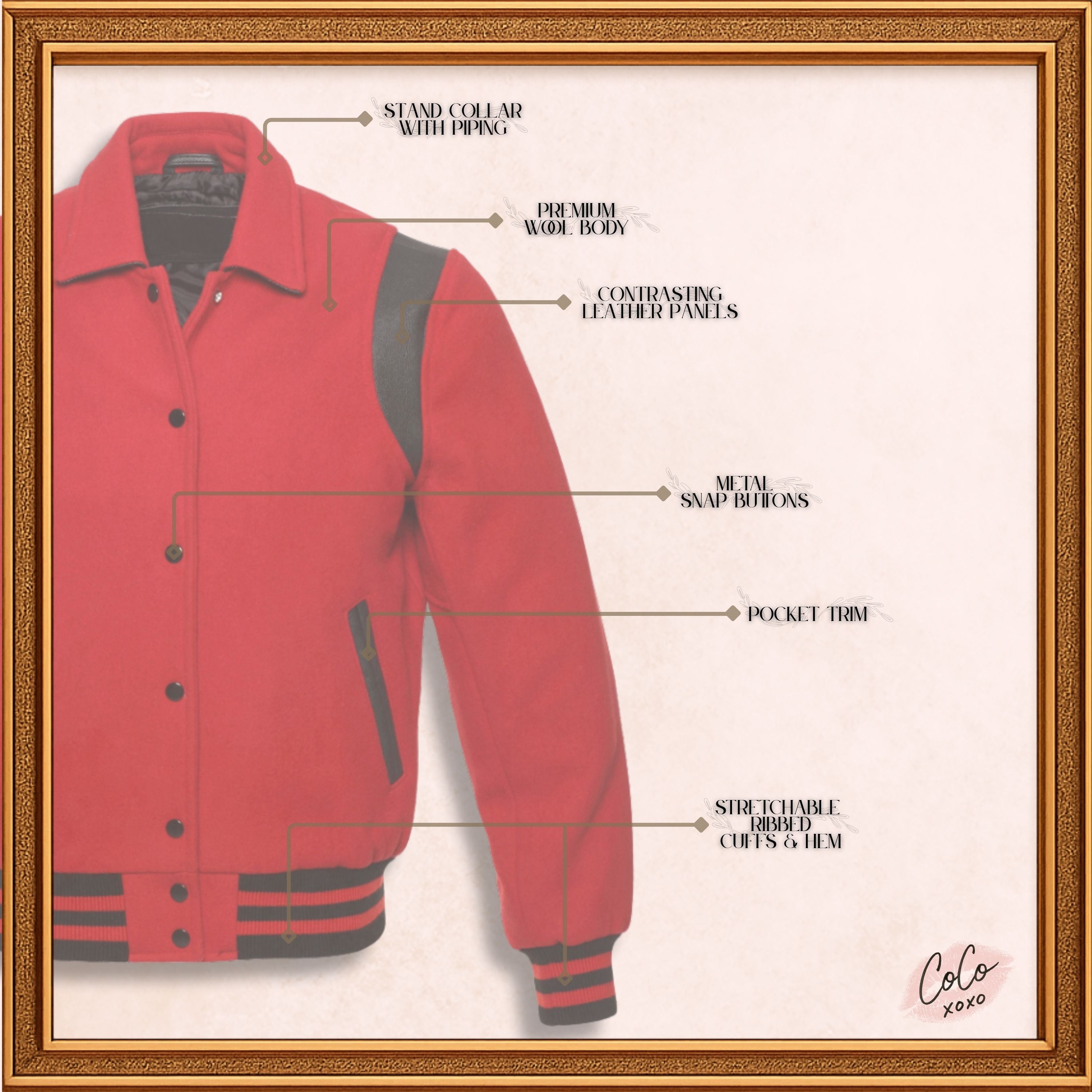Byron Collar Red Wool with Black Leather Stripes Varsity Jacket