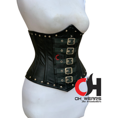 Black Leather Underbust Buckle Corset Double Steel Boned Fashion Wear