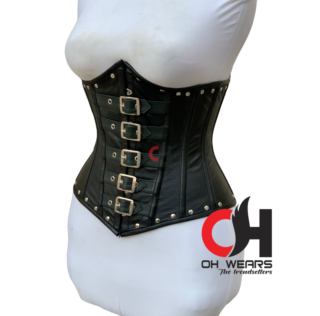 Black Leather Underbust Buckle Corset Double Steel Boned Waist Trainer Buckle Closure