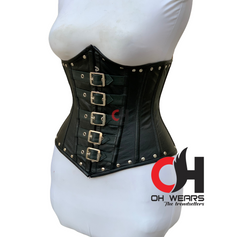 Black Leather Underbust Buckle Corset Double Steel Boned Fashion Wear