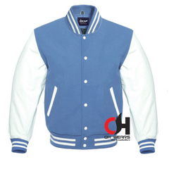 Chaqueta universitaria con mangas de cuero blanco genuino de lana azul 