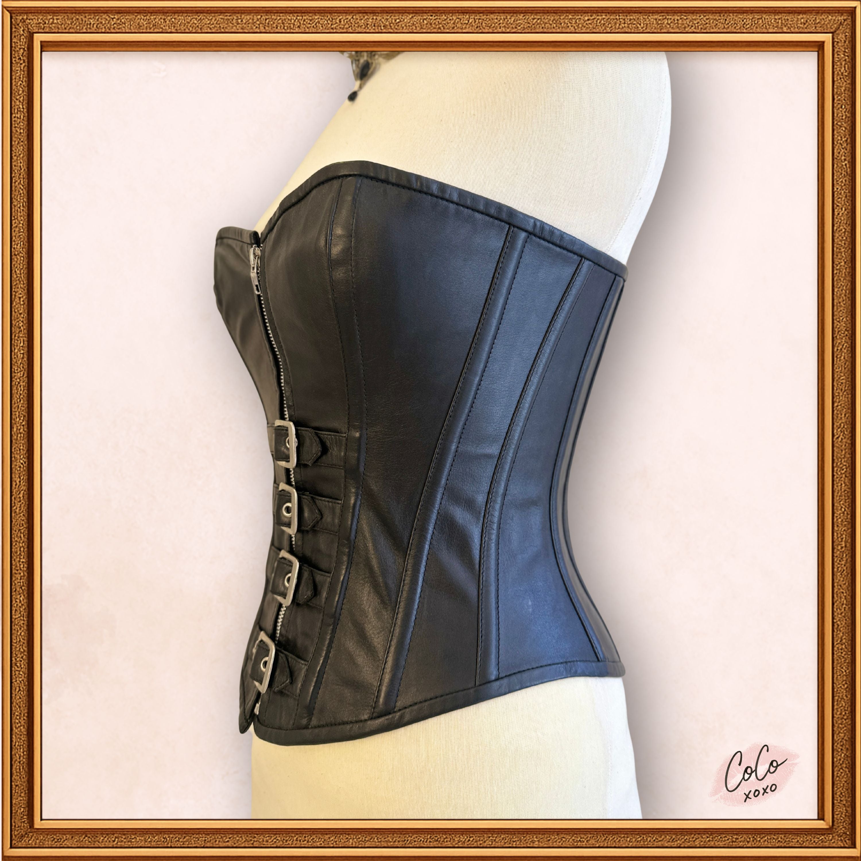 Black Leather Overbust Buckle Zip Up Outwear Fashion Corset
