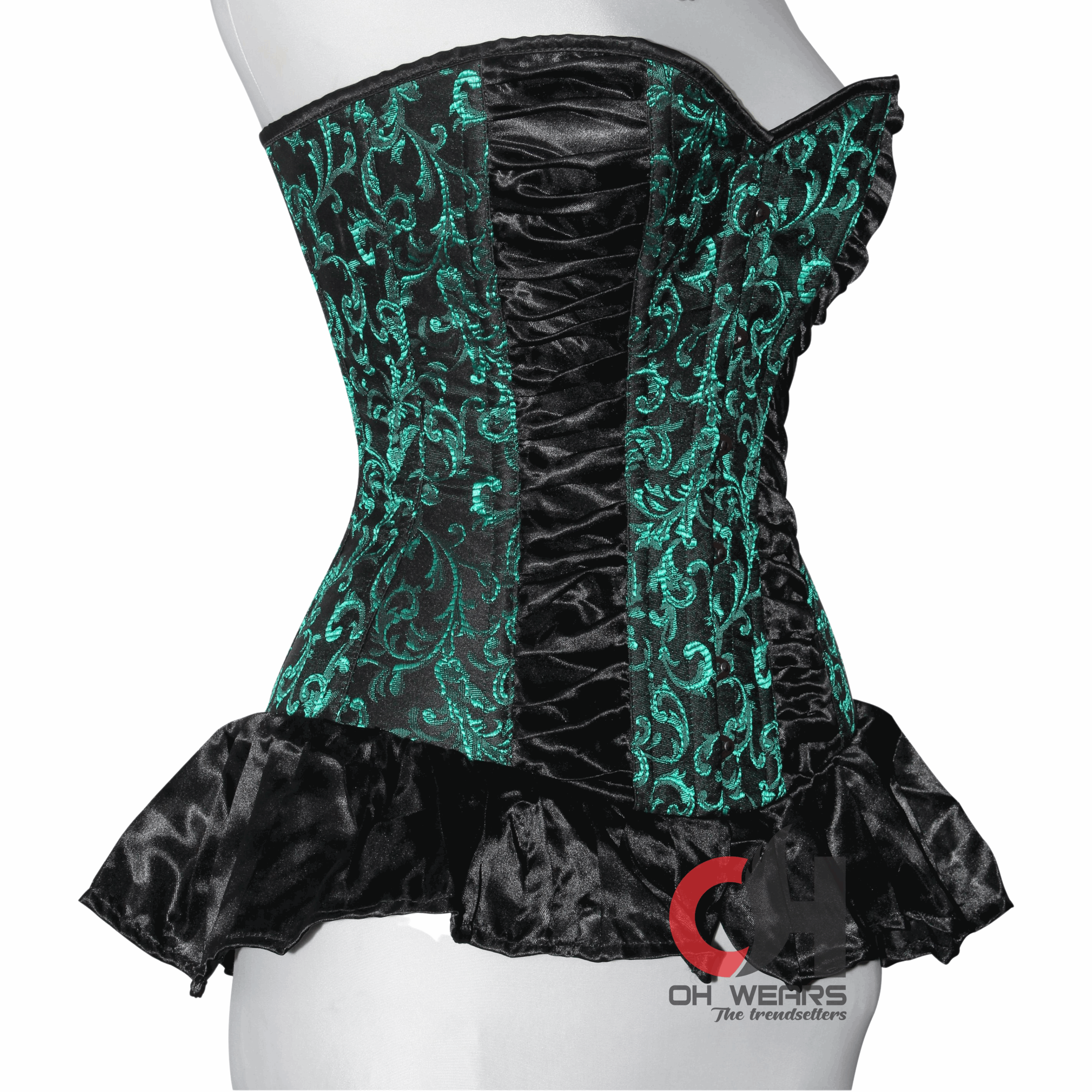 Heavy Duty Steel Boned Over Bust Waist Training Green Brocade Satin Corset