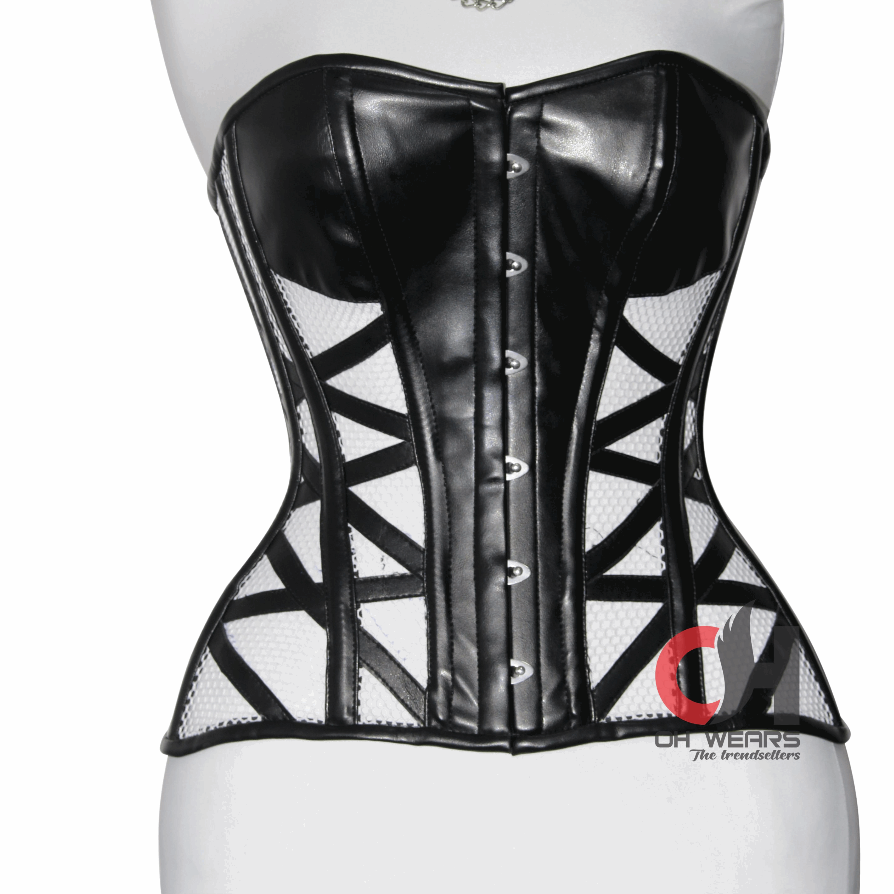 Heavy Duty Steel Boned Over Bust Waist Training Black Faux Leather Mesh Truly Waist Trainer Corsets