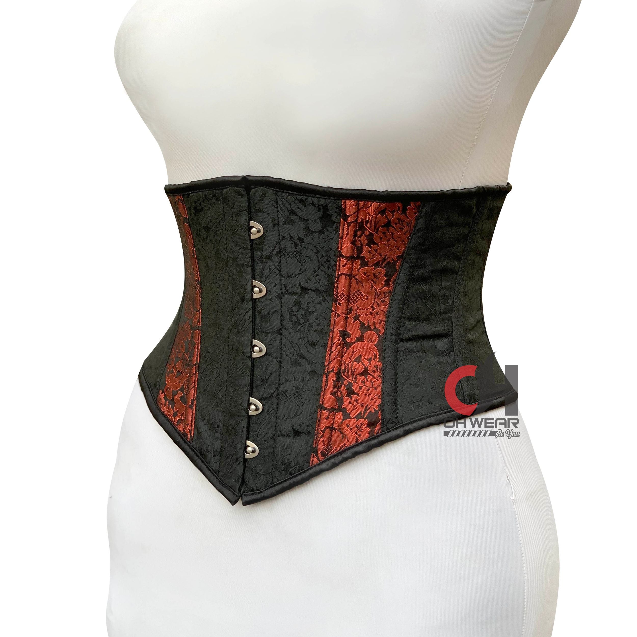 Black and Red Brocade Underbust Corset - Steel Boned