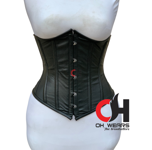 Black Leather Underbust Corset - Double Steel Boned